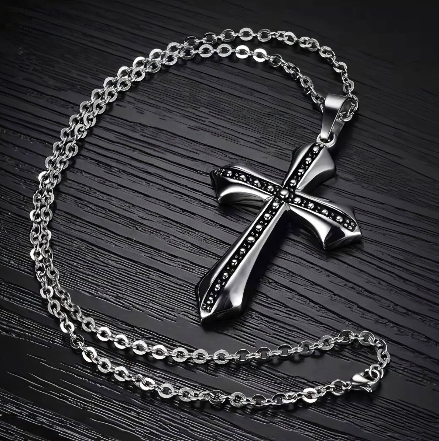 Classic Vintage Cross Necklace in Silver and Black 50cm