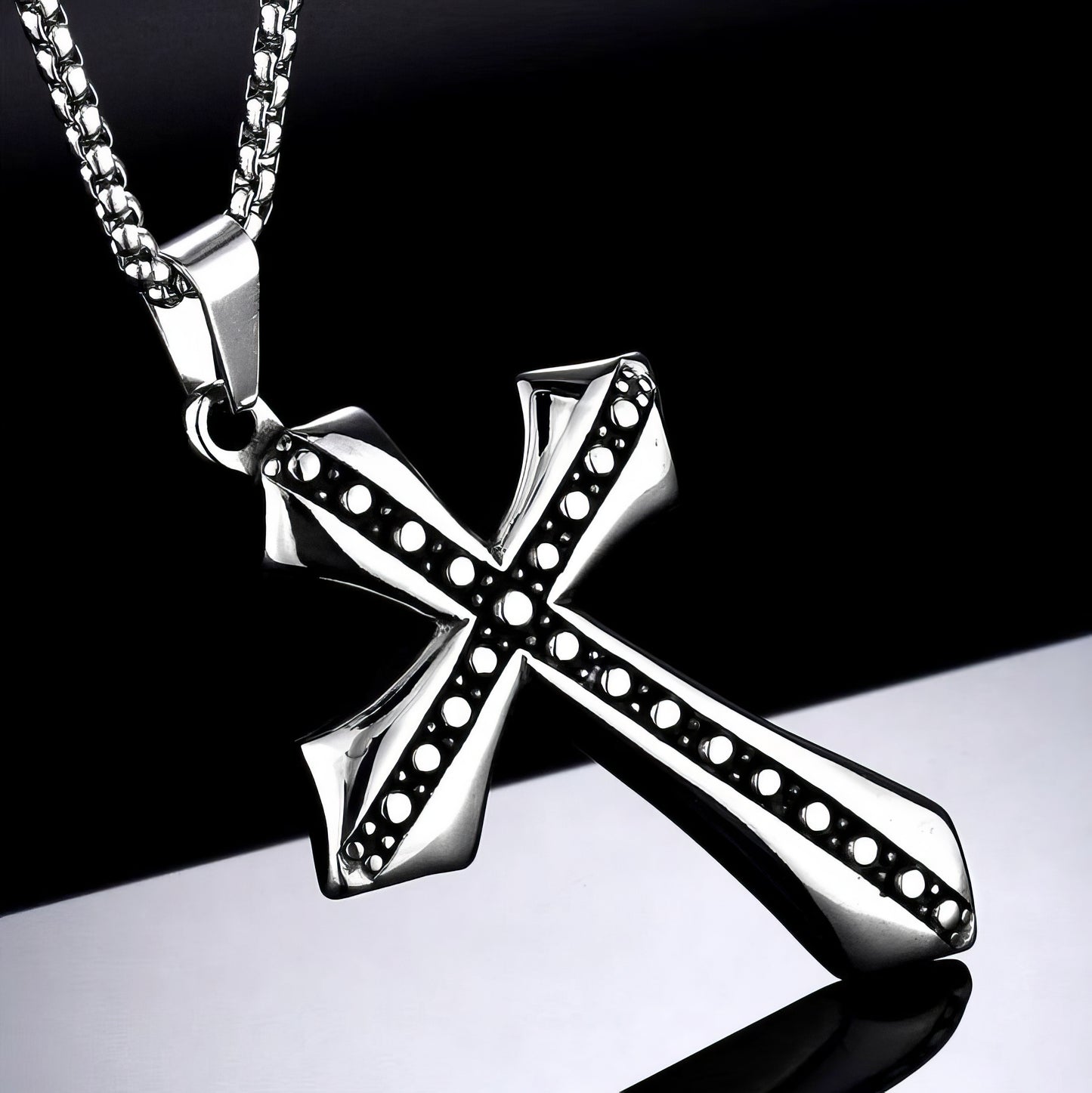 Classic Vintage Cross Necklace in Silver and Black 50cm