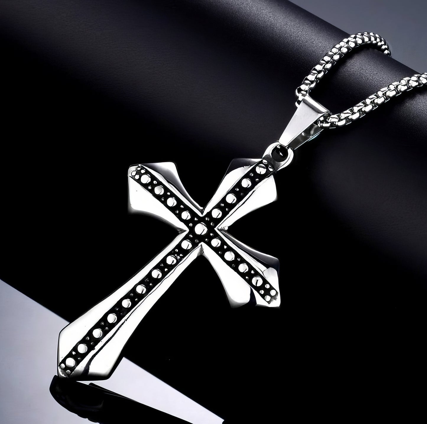 Classic Vintage Cross Necklace in Silver and Black 50cm