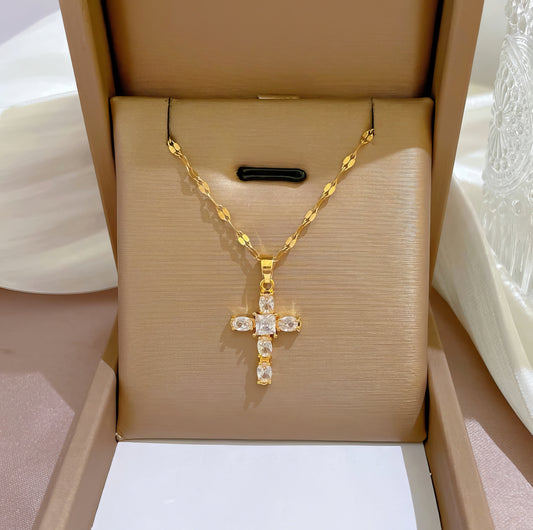 Classic Rhinestone Cross Pendant Necklace in White