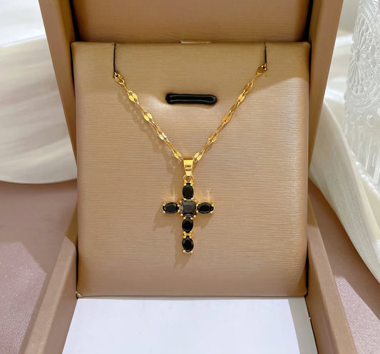 Classic Rhinestone Cross Pendant Necklace in Black