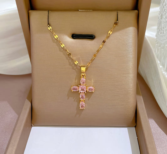 Classic Rhinestone Cross Pendant Necklace in Pink