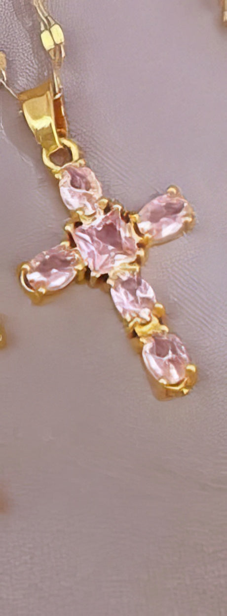 Classic Rhinestone Cross Pendant Necklace in Pink