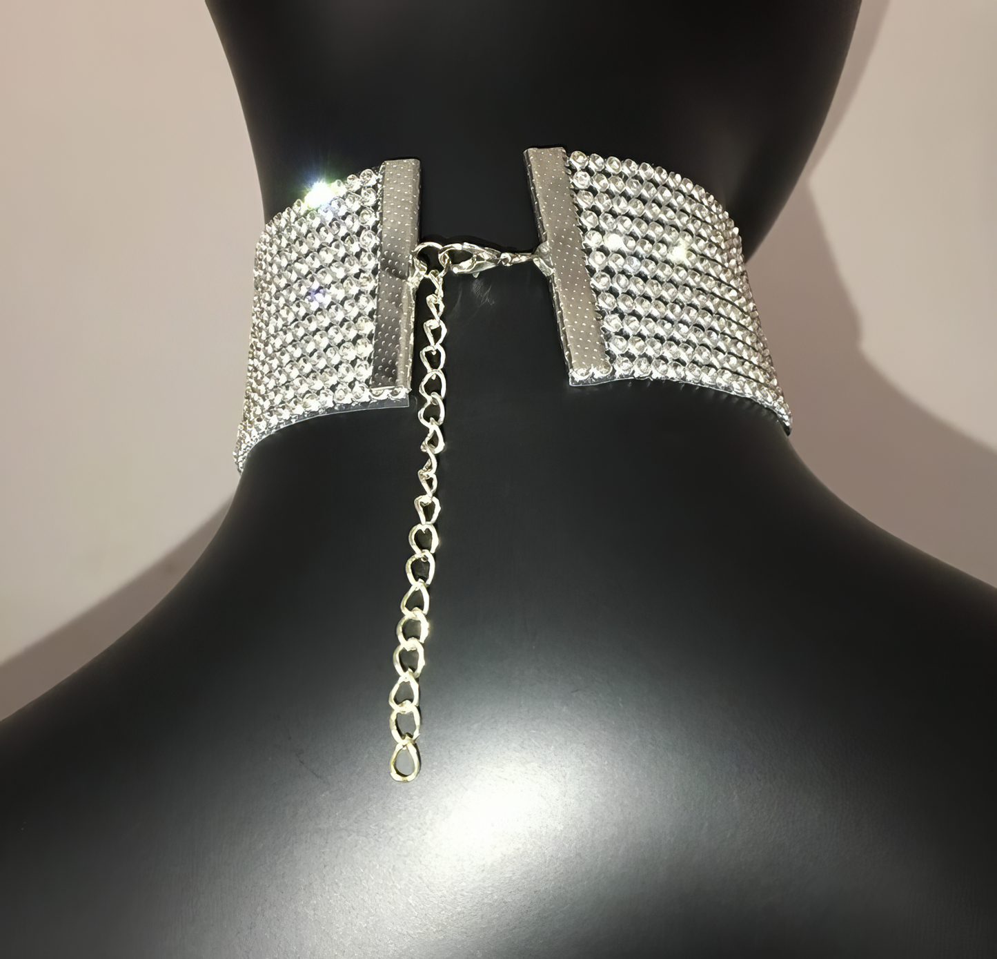 Glitter Rhinestone Wide Choker Collar Necklace in Silver