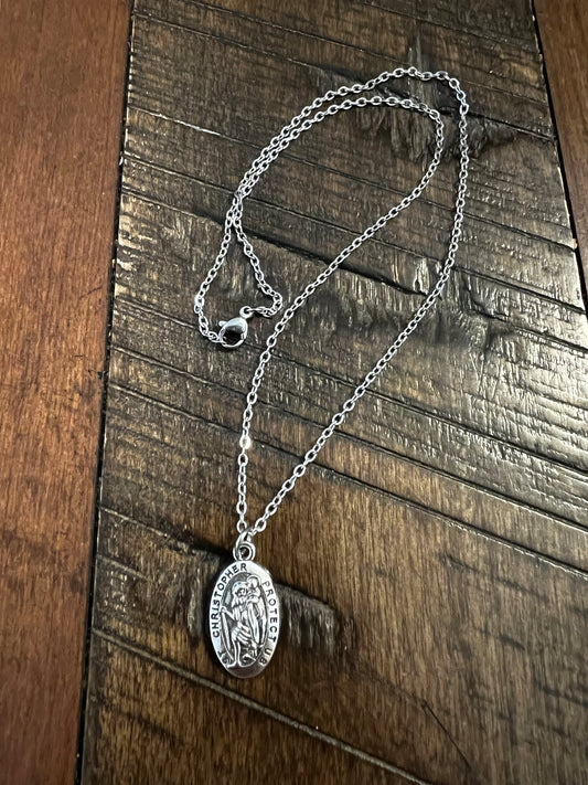 Saint Christopher Protect Us Charm Antique Silver Plated Pendant Necklace