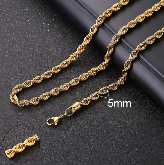 Stainless Steel Rope 5mm Chain Necklace in Gold