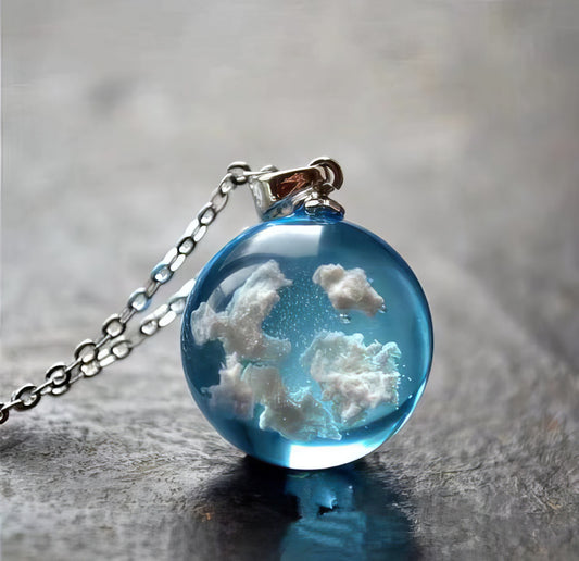 Blue Sky White Cloud Transparent Resin Chain Necklace