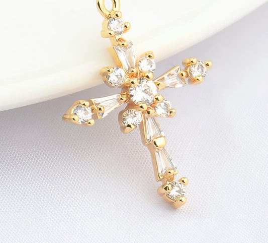 Small Crystal Cross Charm Pendant Necklace in Gold