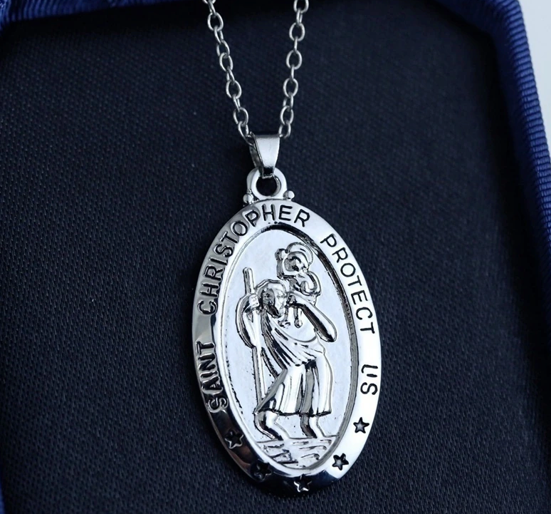 St. Christopher Pattern Oval Pendant Necklace