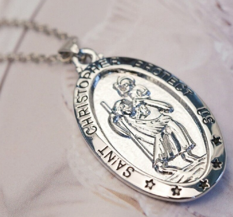 St. Christopher Pattern Oval Pendant Necklace