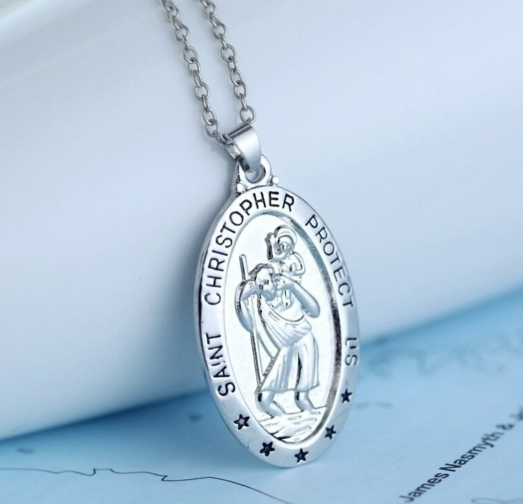 St. Christopher Pattern Oval Pendant Necklace