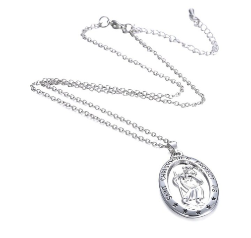 St. Christopher Pattern Oval Pendant Necklace