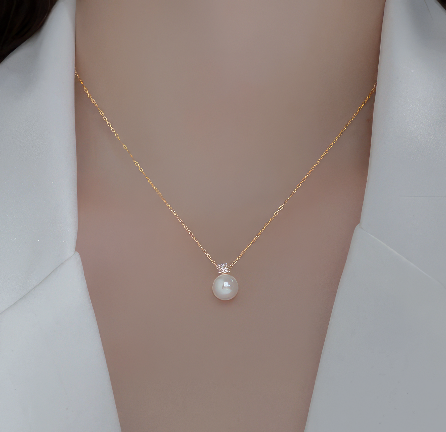 Sterling Silver Gold CZ Synthetic Pearl Pendant Necklace