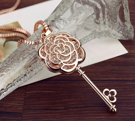 Hollow Camellia Flower Crystal Key Pendant Long Necklace