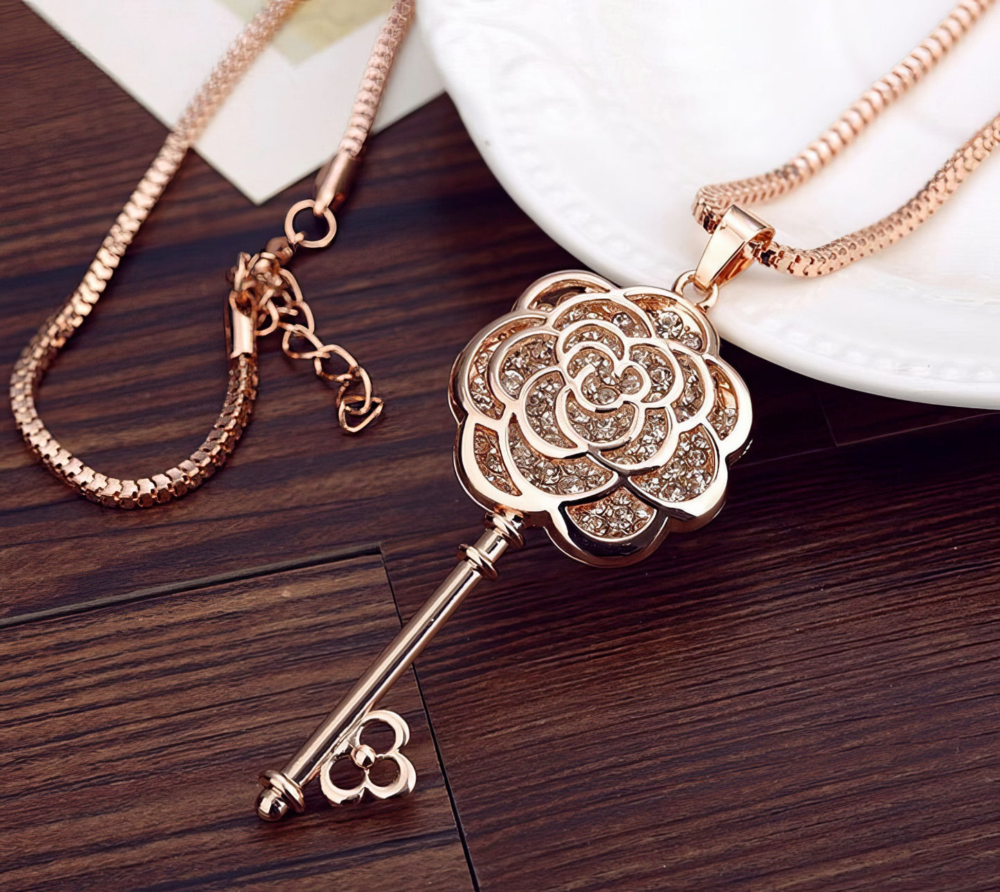 Hollow Camellia Flower Crystal Key Pendant Long Necklace