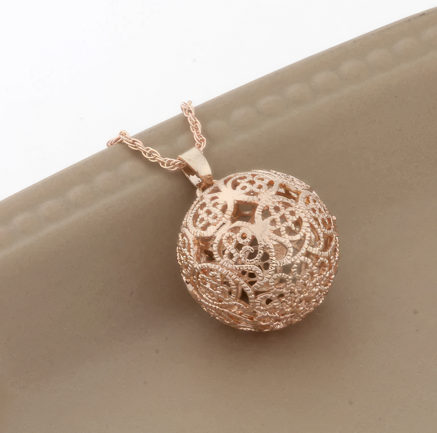 Rose Gold Filigree Globe Necklace 18"