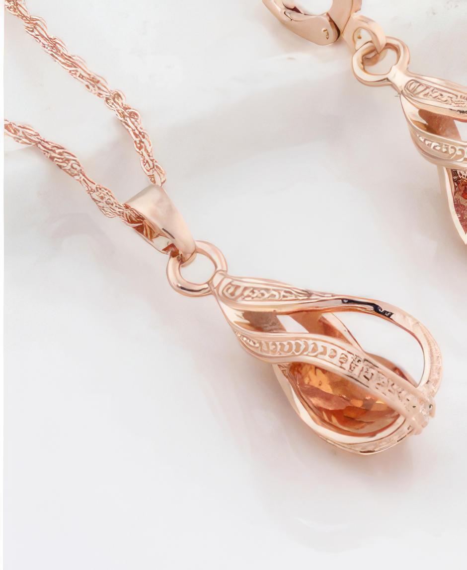 Rose Gold Water Drop Necklace with Amber Glass Stone 18"