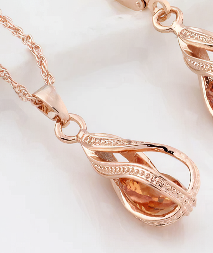 Rose Gold Water Drop Necklace with Amber Glass Stone 18"