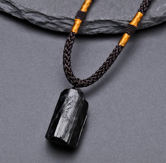 Crystal Gem Healing Stone Black Tourmaline Stone Pendant Necklace in Black