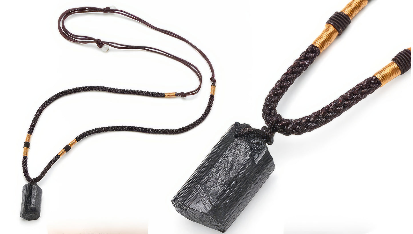 Crystal Gem Healing Stone Black Tourmaline Stone Pendant Necklace in Black