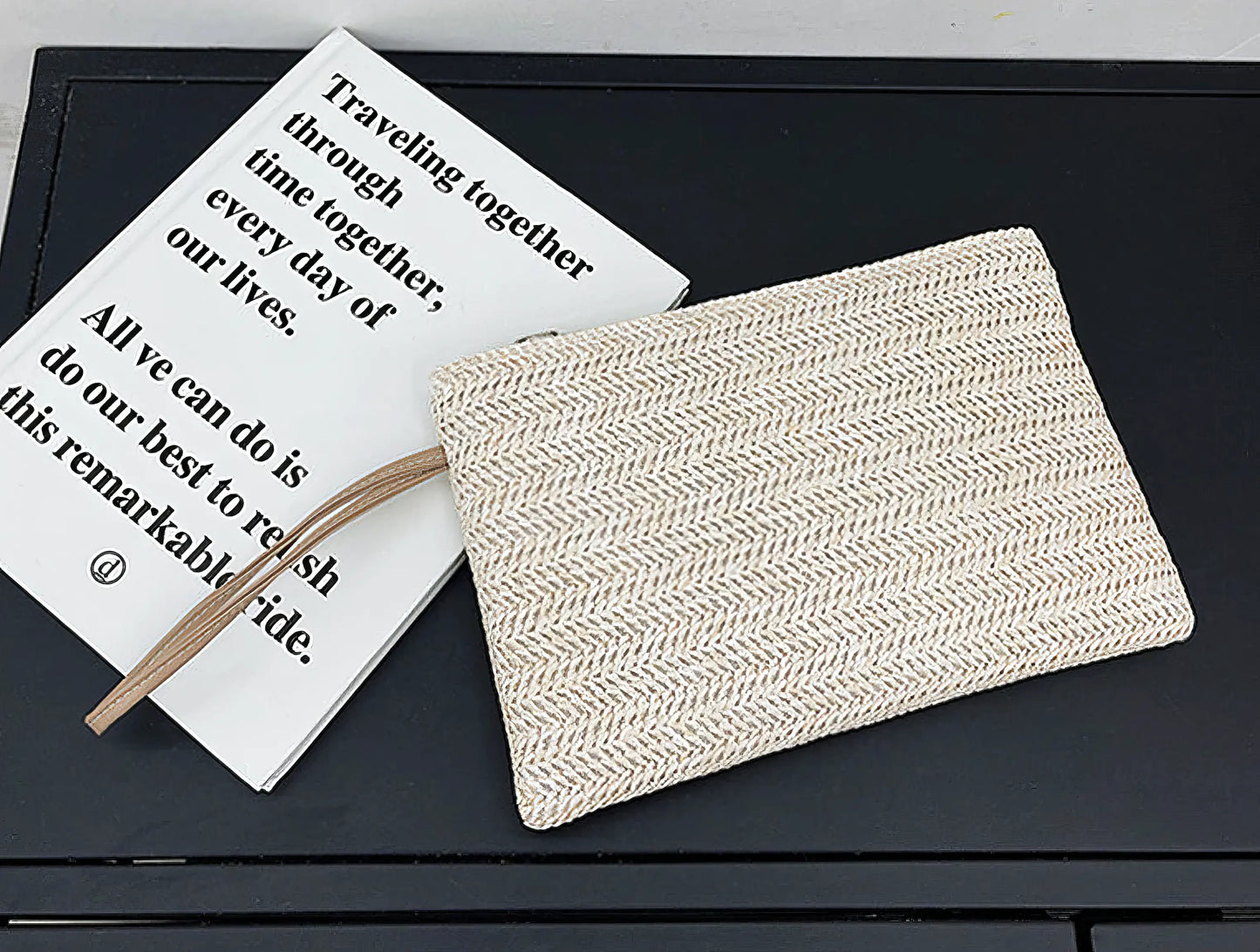 Woven Straw Clutch Wristlet Bag with Leather Handle in Cream