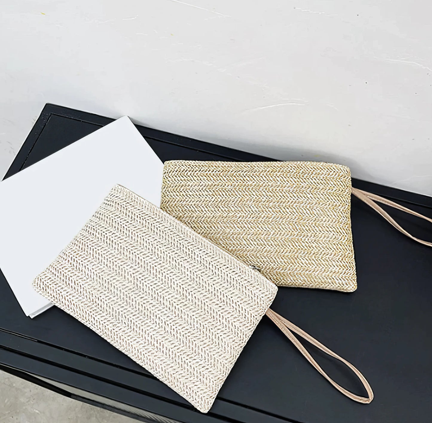 Woven Straw Clutch Wristlet Bag with Leather Handle in Cream