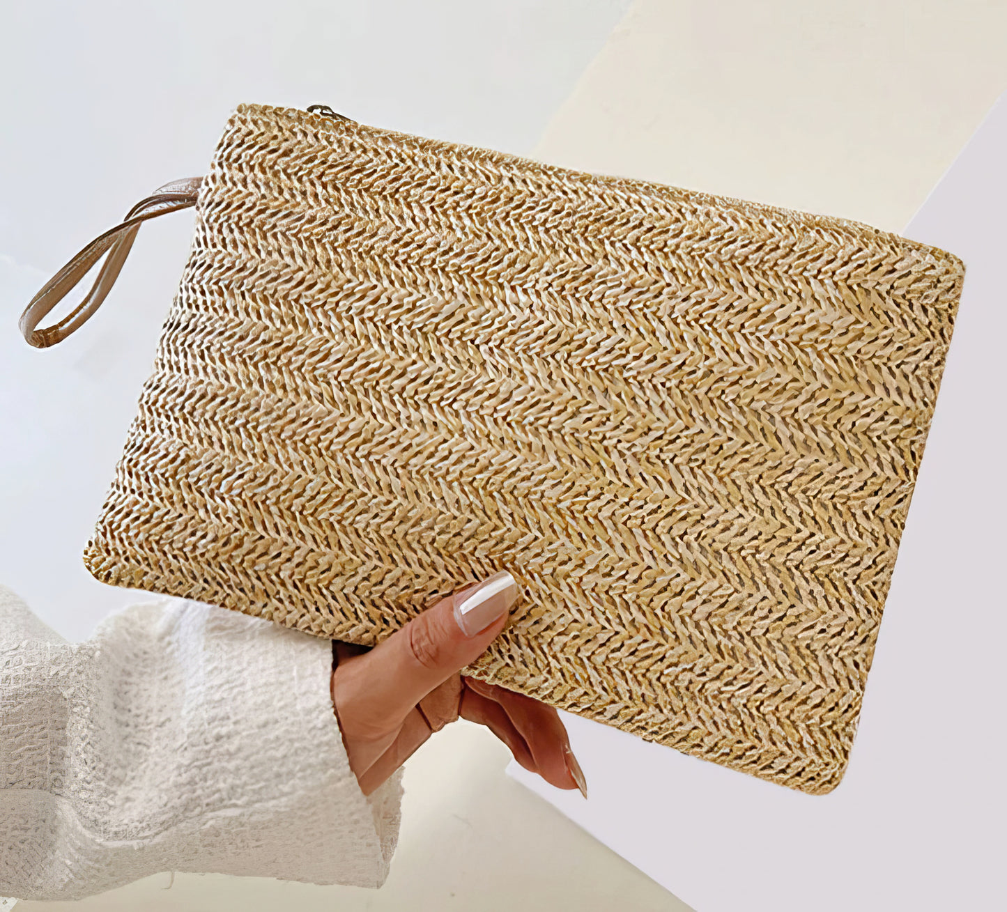 Woven Straw Clutch Wristlet Bag with Leather Handle in Brown Sugar