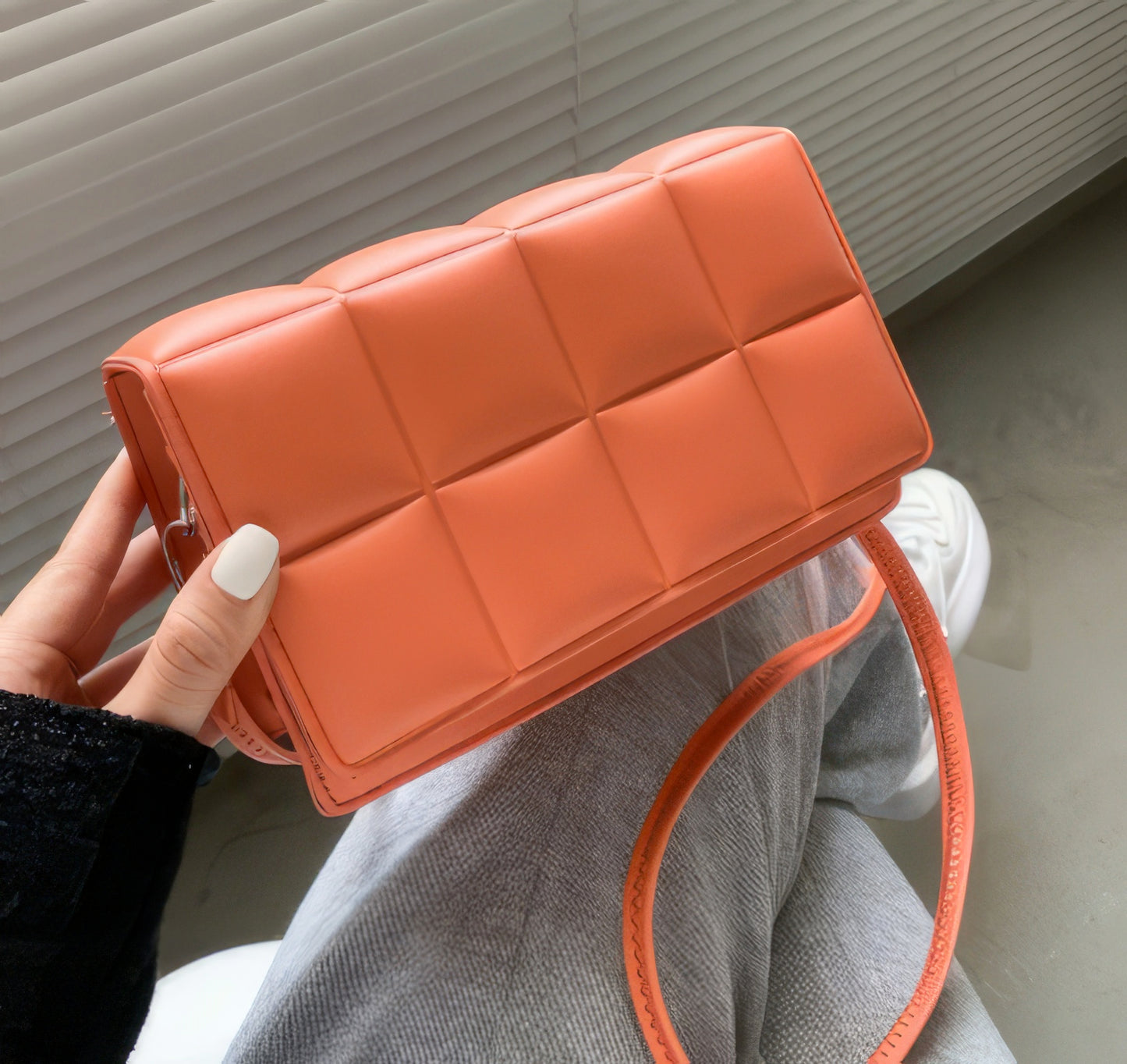 Exquisite Pleated Padded Shoulder Cross-Body Flip Snap Closure Bag with Leather Strap in Coral Orange