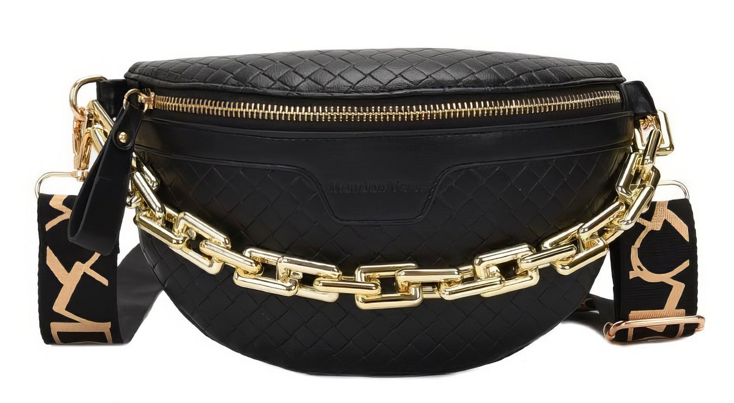 Luxruy Leather  Designer Waist Bag Fanny Pack in Black with Chain