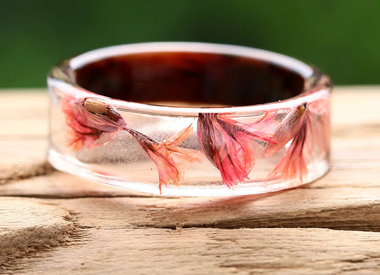 Handmade Wood Resin Ring Dried Flowers in Red Size 7