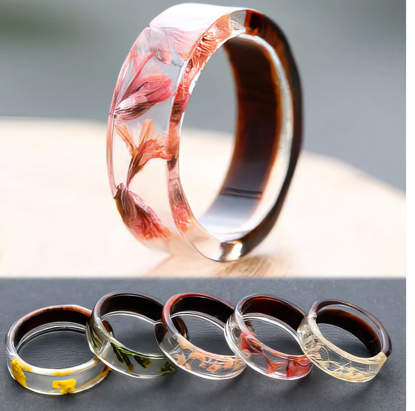 Handmade Wood Resin Ring Dried Flowers Ring in Red Size 8