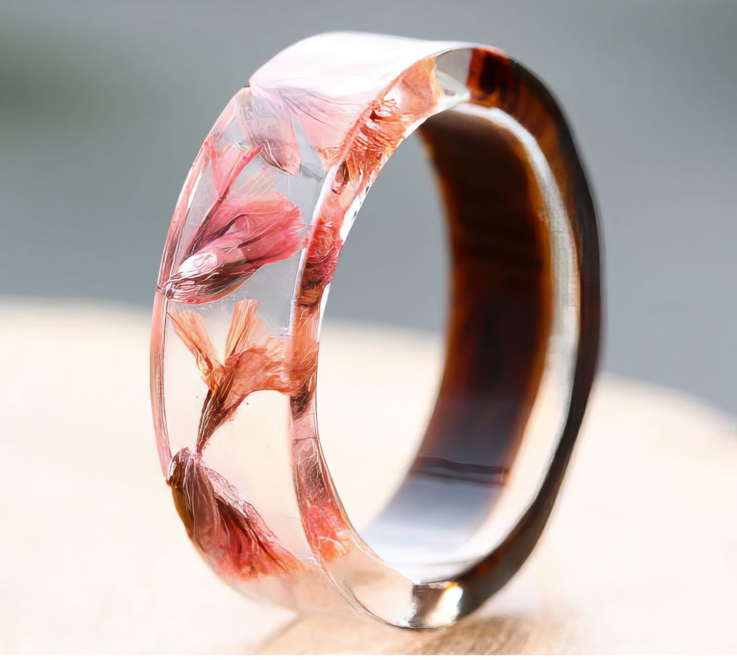 Handmade Wood Resin Ring Dried Flowers in Red Size 7