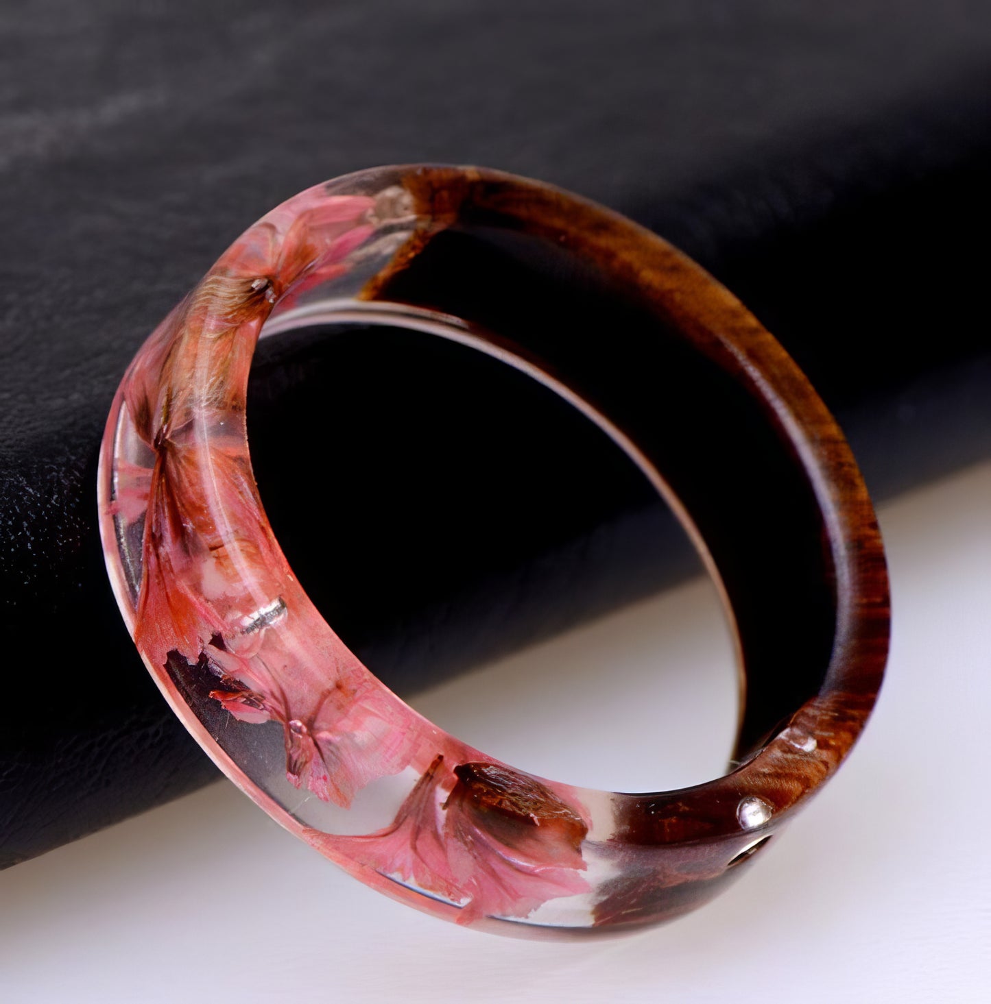 Handmade Wood Resin Ring Dried Flowers in Red Size 7