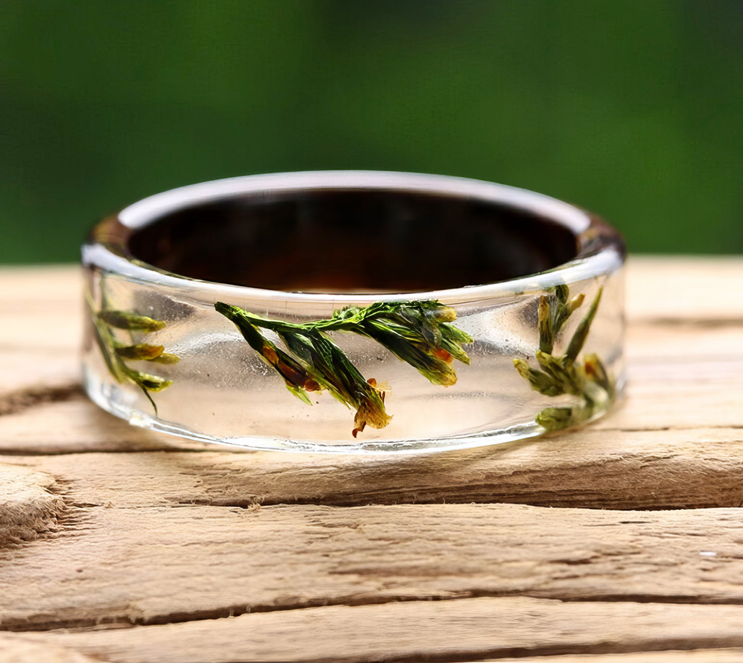 Handmade Wood Resin Ring Dried Flowers Ring in Green Size 7