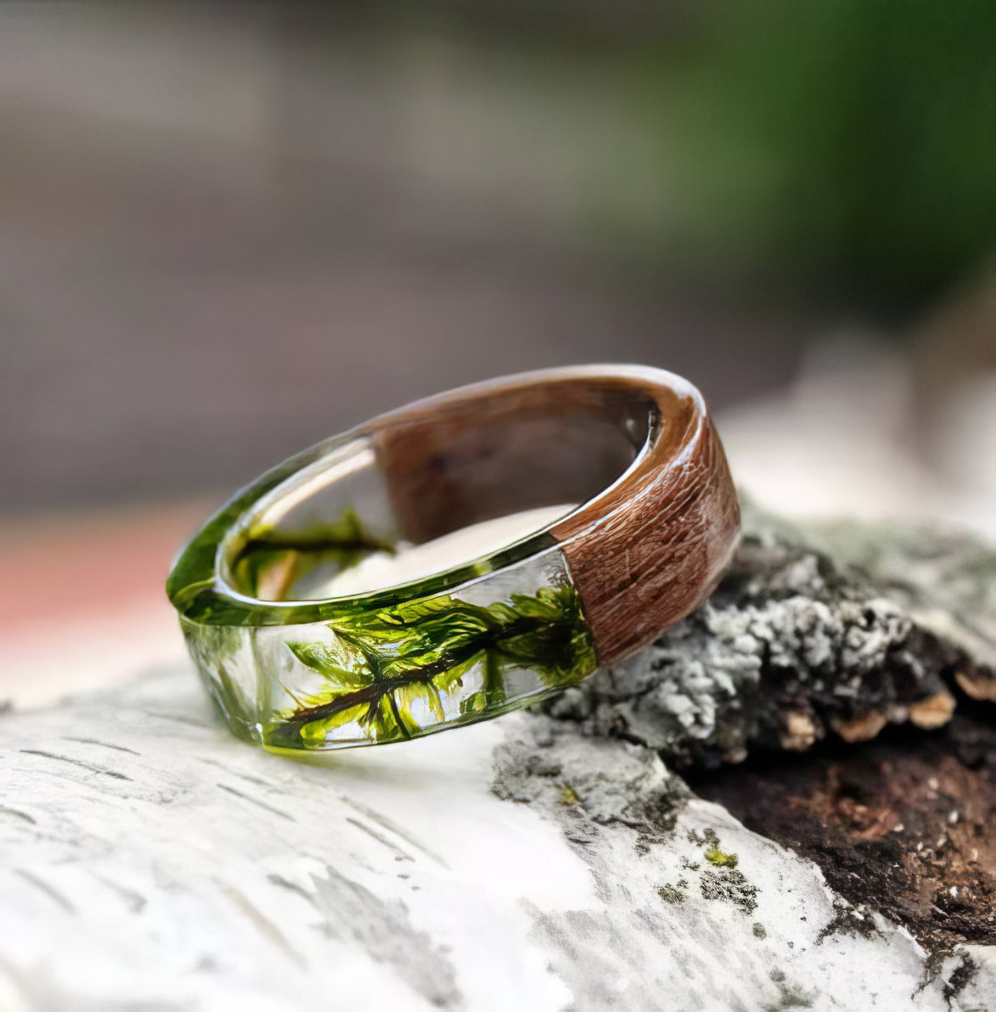 Handmade Wood Resin Ring Dried Flowers Ring in Green Size 7