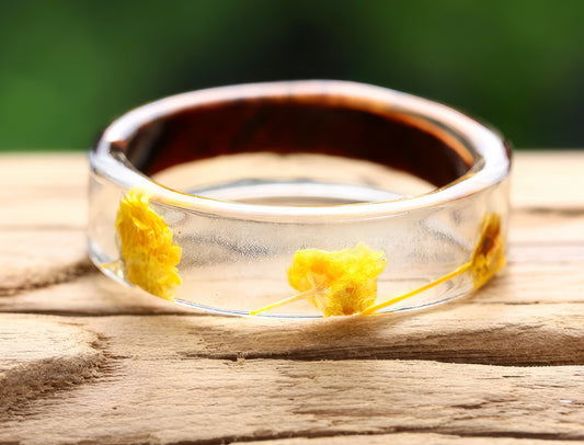 Handmade Wood Resin Ring Dried Flowers Ring in Tan Size 7