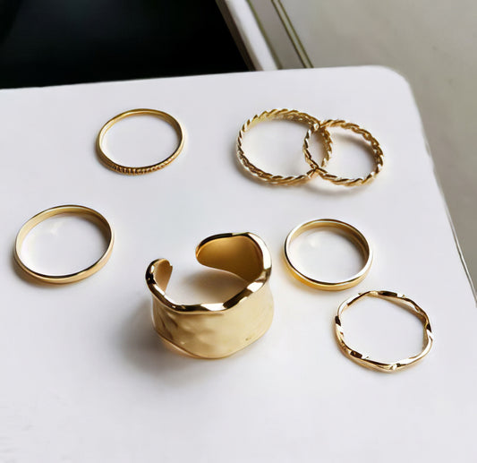 Finger Ring Set of 7 Bohemian Style Sizes vary 3-8 in Gold