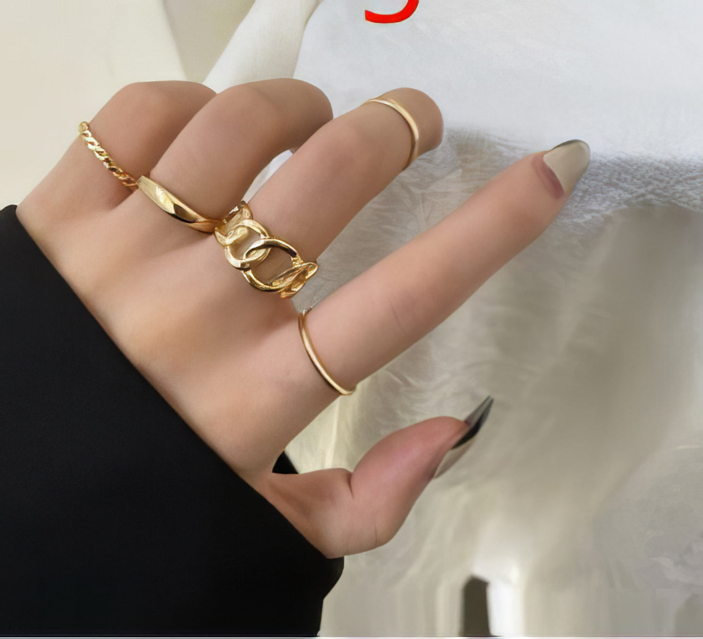 Finger Ring Set of 5 Bohemian Style Sizes vary 4-8 in Gold