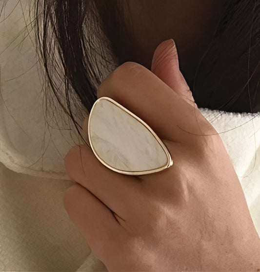 Oval Acrylic Resin Geometry Ring in White and Gold