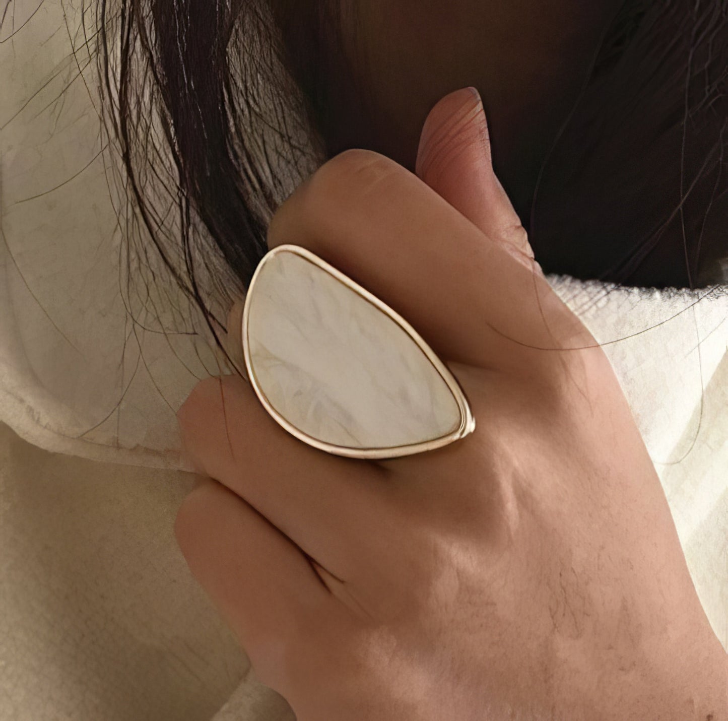 Oval Acrylic Resin Geometry Ring in White and Gold