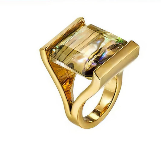 Shell Stone Geometric Square Ring in Gold