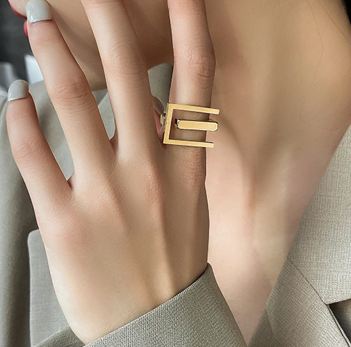 Titanium Gold Tone Geometric Ring