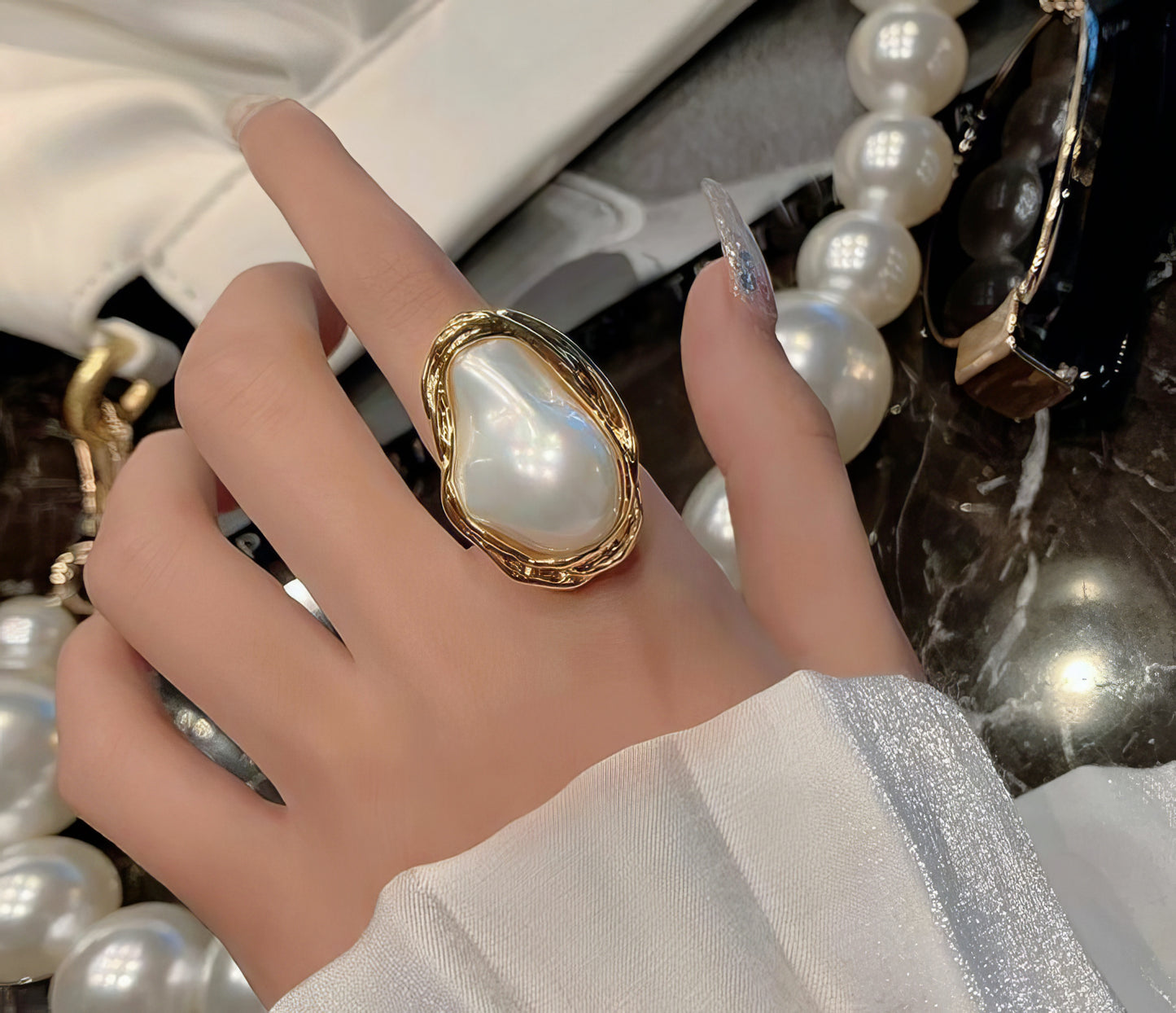 Pearl Open Adjustable Ring in Gold and White