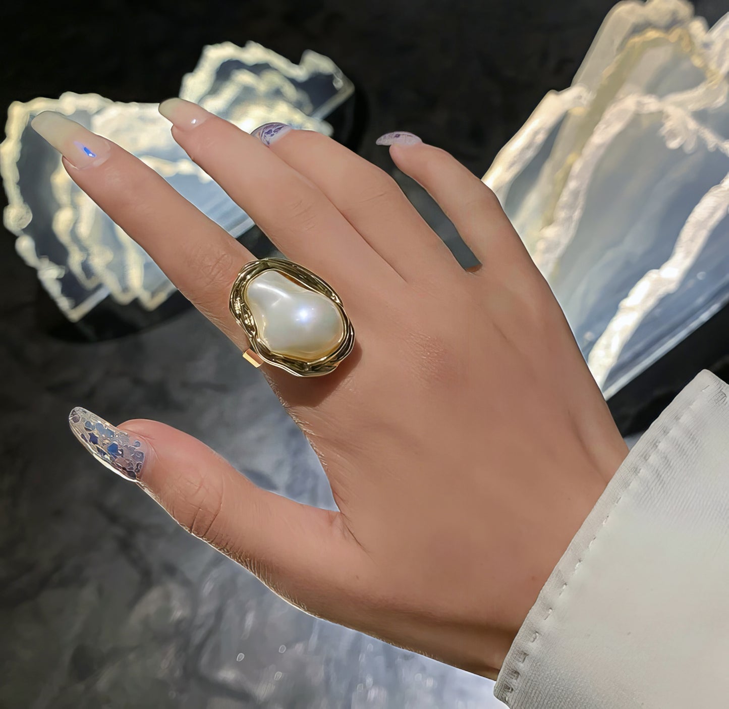 Pearl Open Adjustable Ring in Gold and White