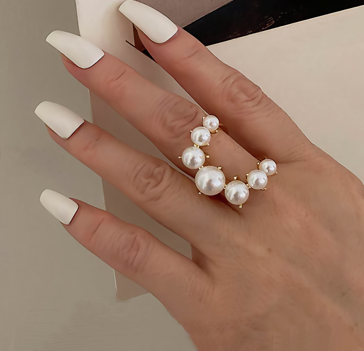 Geometric Pearl Paved Ring in Gold