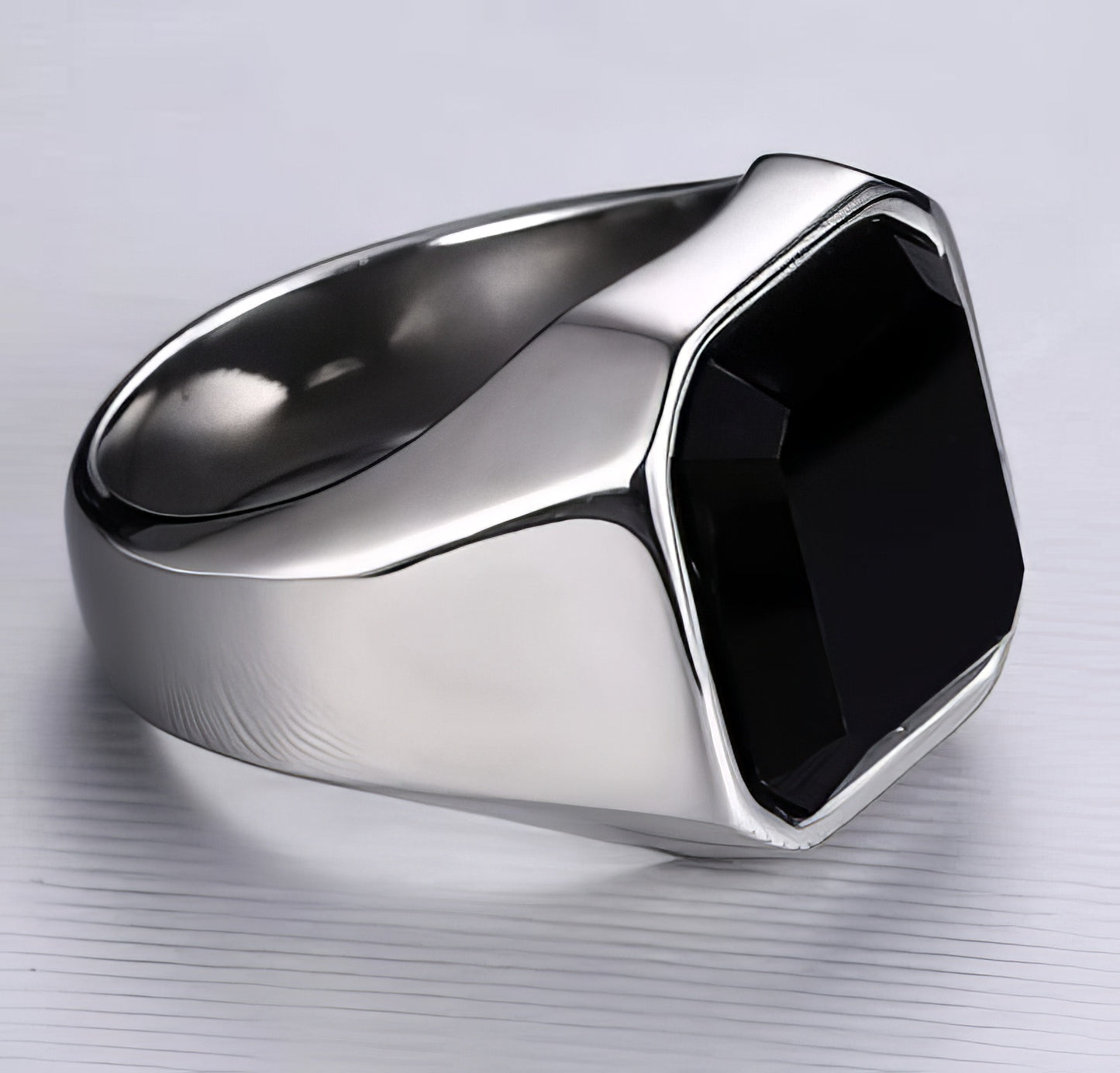 Black Onyx Signet Stainless Steel Square Ring in Silver and Black Size 9