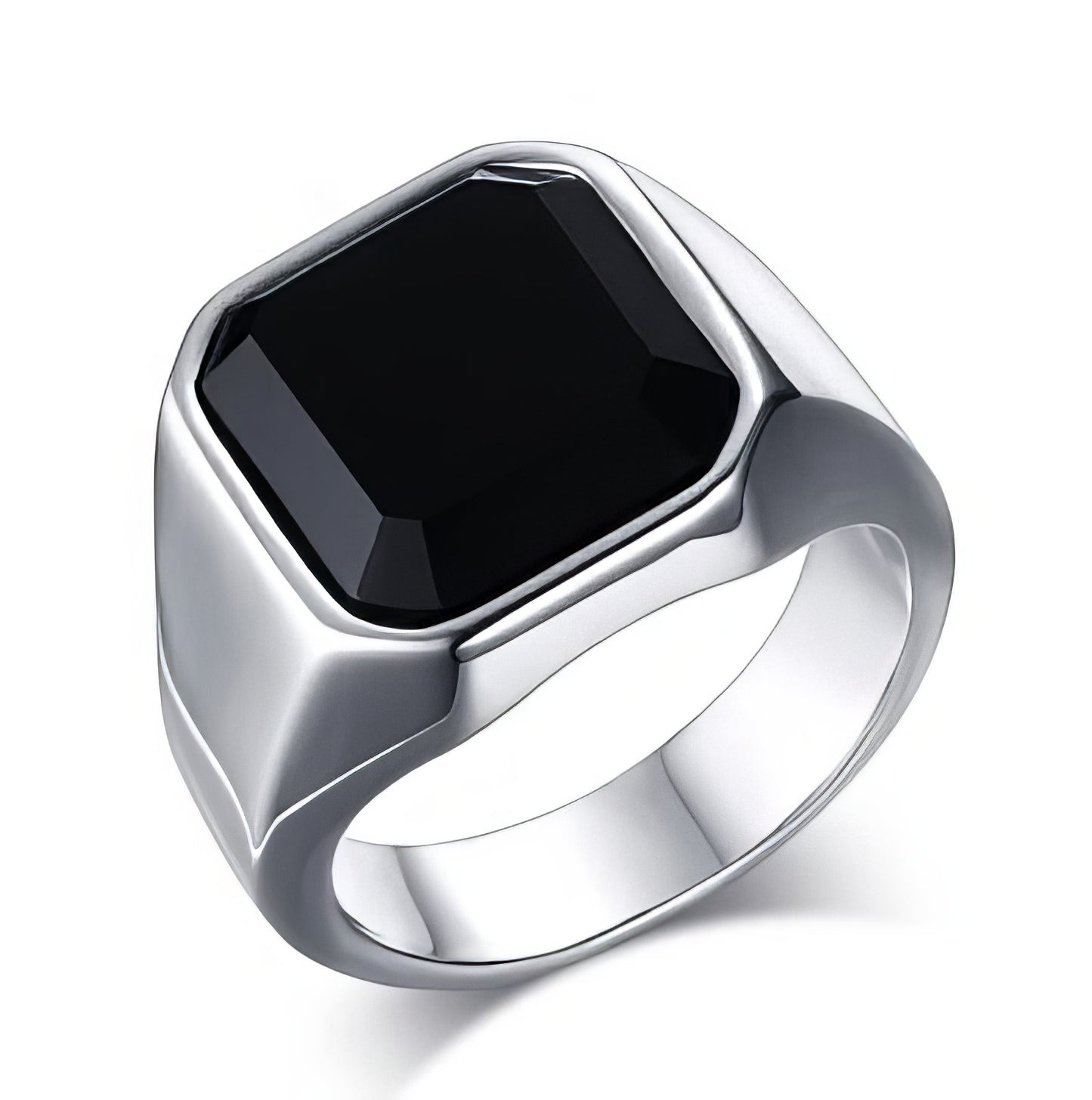 Black Onyx Signet Stainless Steel Square Ring in Silver and Black Size 9