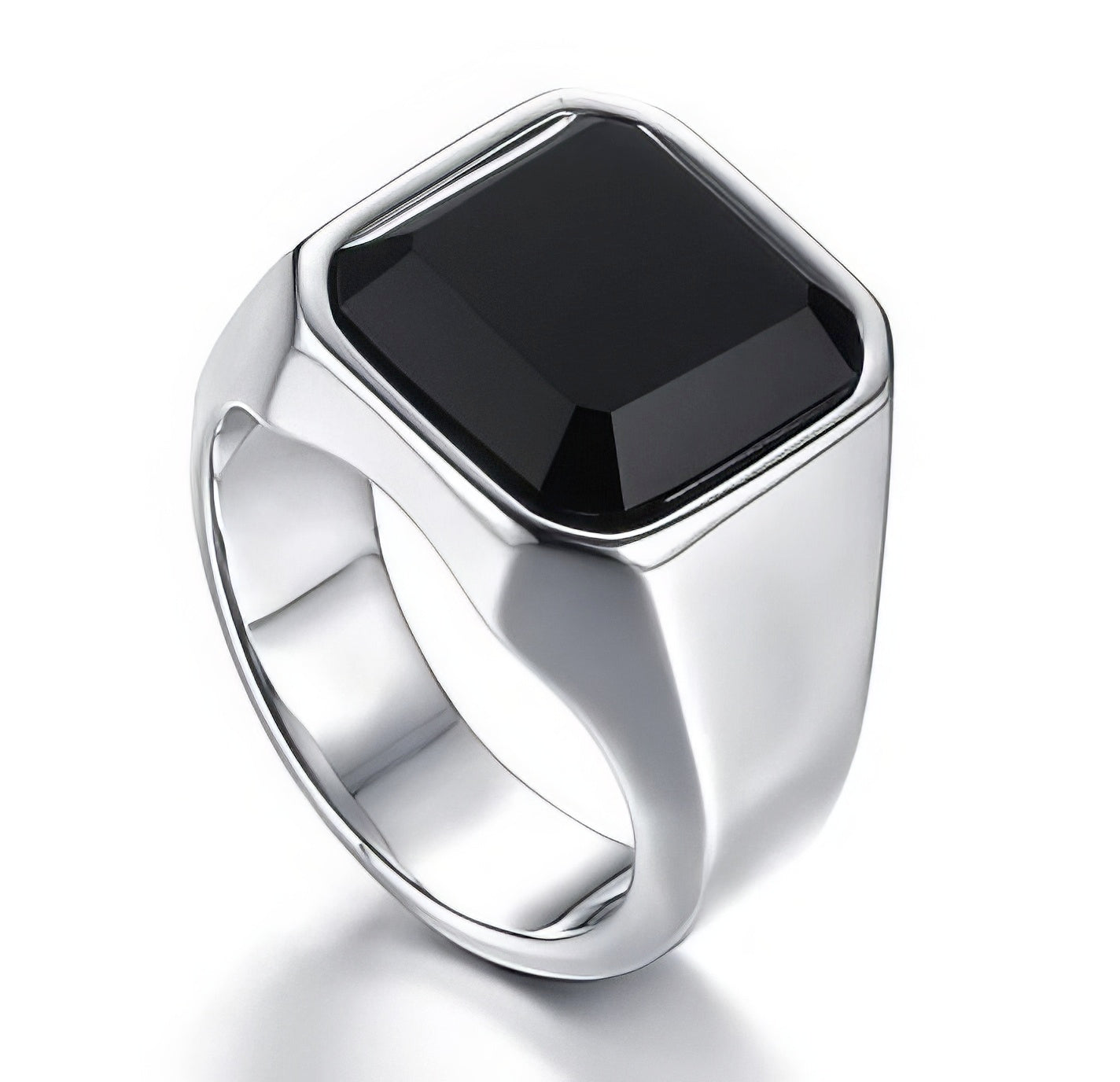 Black Onyx Signet Stainless Steel Square Ring in Silver and Black Size 9