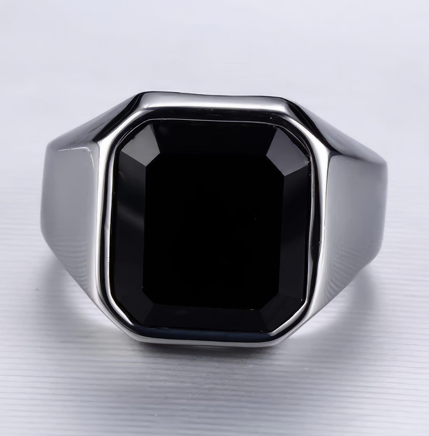 Black Onyx Signet Stainless Steel Square Ring in Silver and Black Size 9