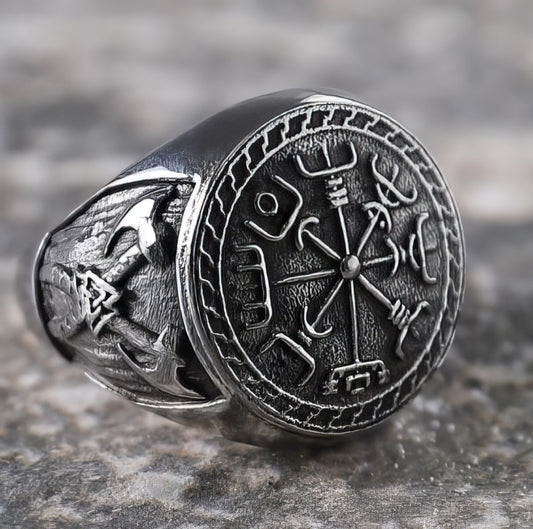 Stainless Steel Nordic Mythological Story Viking Compass Silvery Ring in Silver Size 11